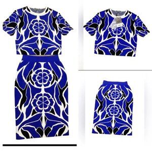 NWT Alexander McQueen Flower Collage Jacquard Skirt Set Blue Black Size M